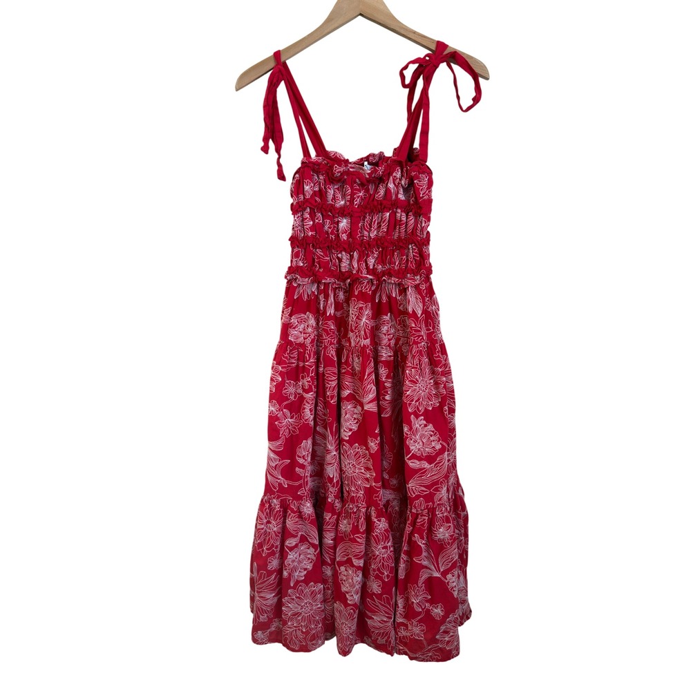 En Saison Floral Embroidered Ruffle Smocked Tie Strap Cotton Midi Dress XS Red